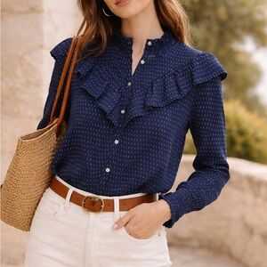 French Prairie Ruffle Blouse | Navy Micro Print Romantic Top | M